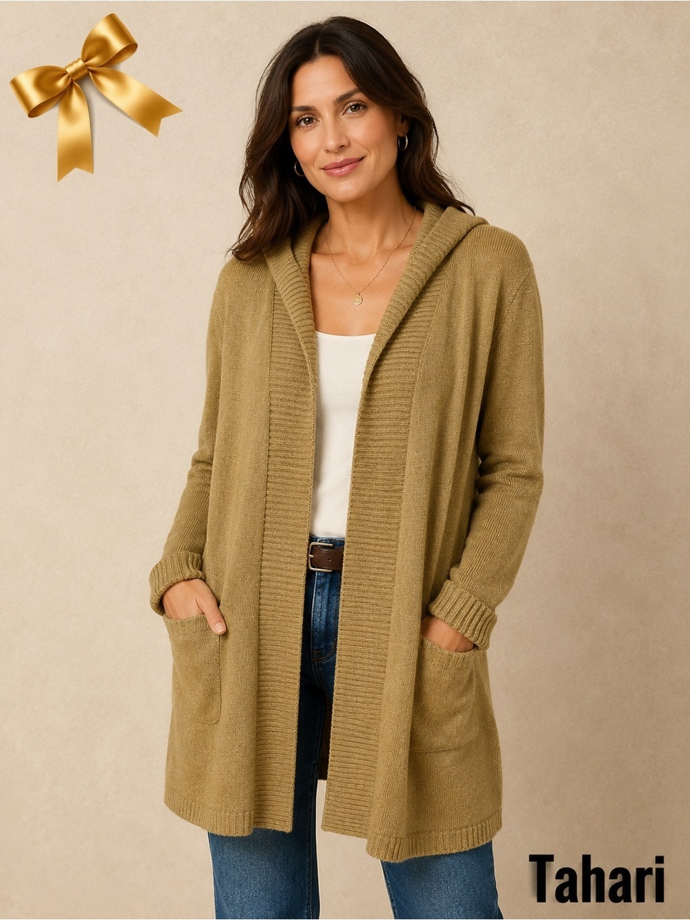 Tahari Open Front Knit Hooded Cardigan Sweater Size 1X Olive Heathered NWT